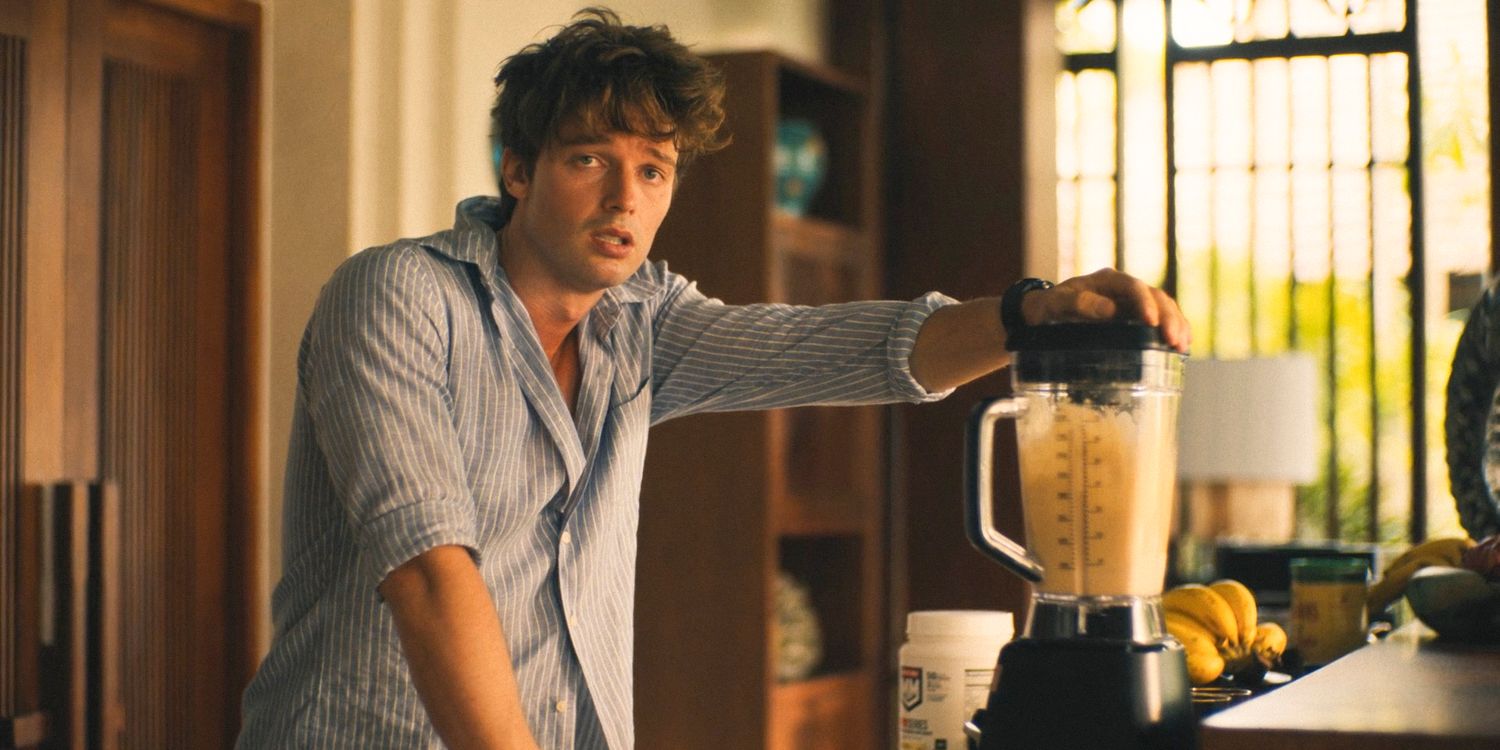 Saxon (Patrick Schwarzenegger) with a hangover, making a smoothie in The White Lotus Season 3 Episode 6