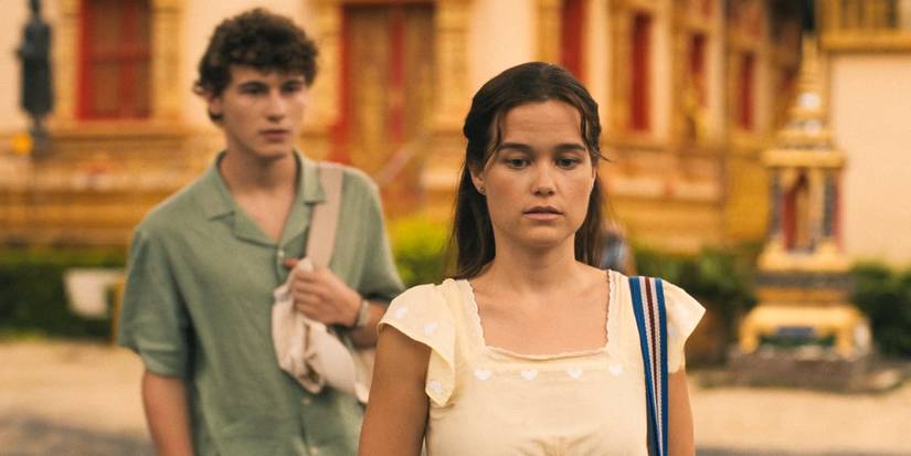 Lochlan (Sam Nivola) decides to stay with Piper (Sarah Catherine Hook) at the monastery in The White Lotus Season 3 Episode 6