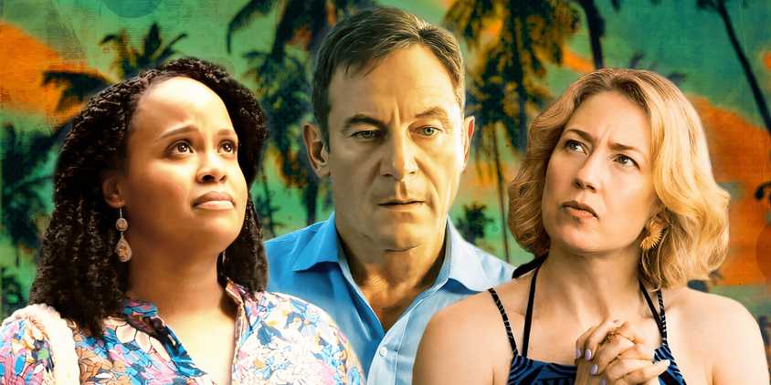 Belinda, Timothy, and Laurie from The White Lotus season 3 (2025) above a tropical-themed background