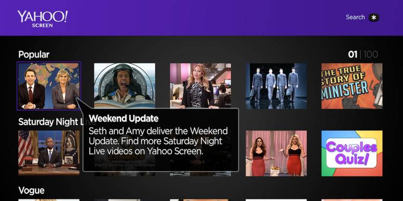 The Yahoo! Screen library with titles available to select.