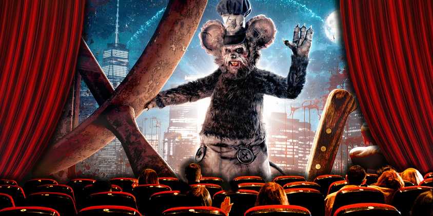 Theater audiences look at Steamboat Willy from Screamboat.
