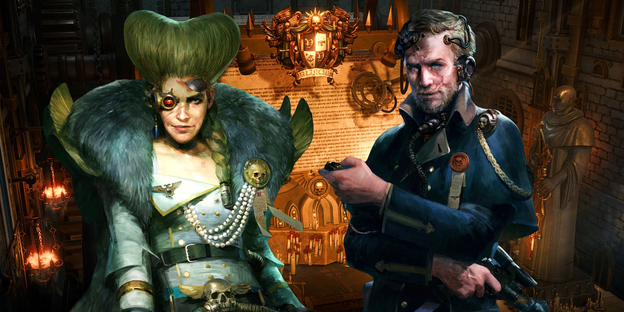 Theodora and Kunrad in the Warrant Chamber in edited art from Warhammer 40,000 Rogue Trader.