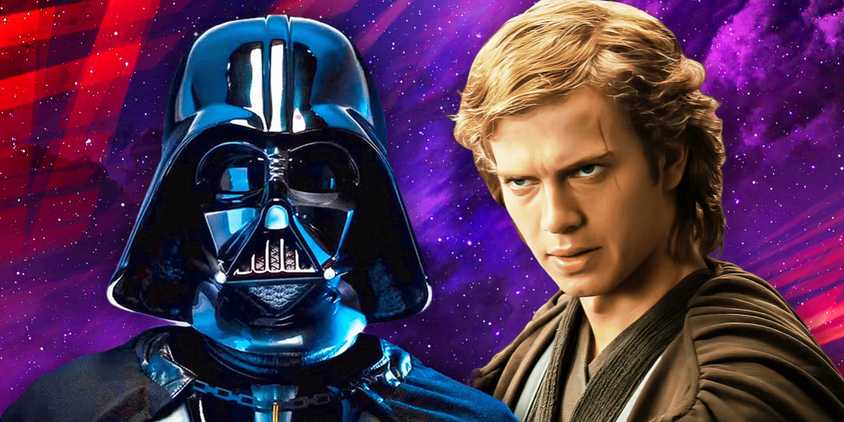 Darth Vader to the left and Anakin Skywalker in Revenge of the Sith to the right in front of a purple and red background