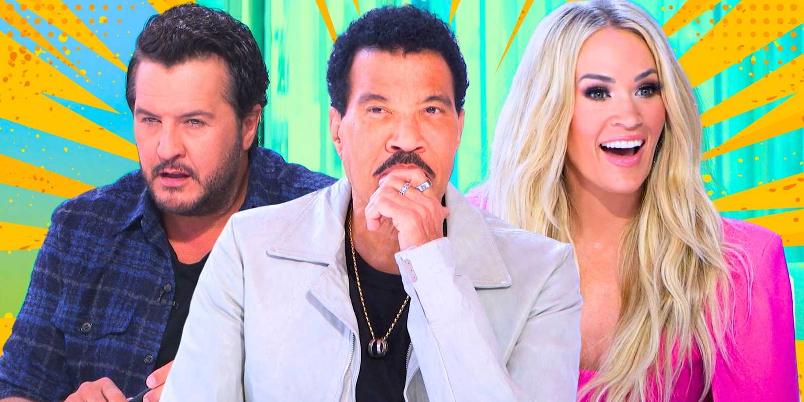 American Idol's Luke Bryan looks confused, Lionel Richie rests his hand on his chin, and Carrie Underwood smiles.