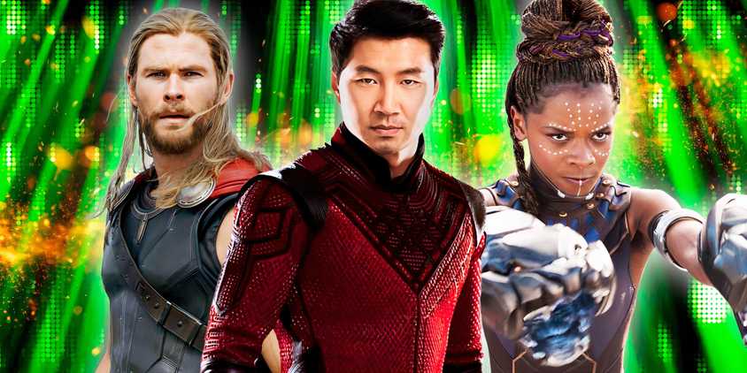 Thor, Shang-Chi, and Shuri from the MCU in front of a green background