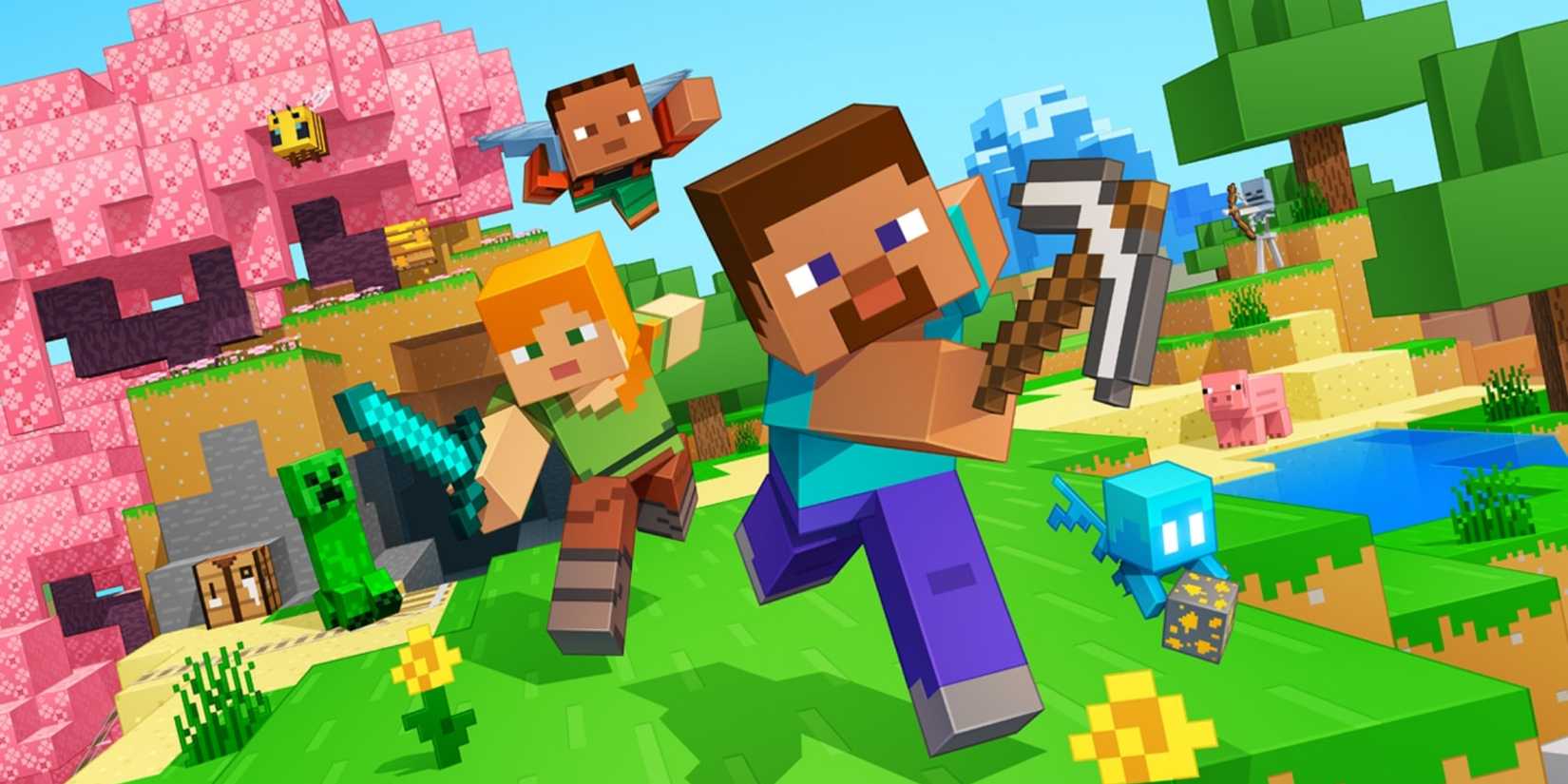 Key art from Minecraft featuring several players and some mobs