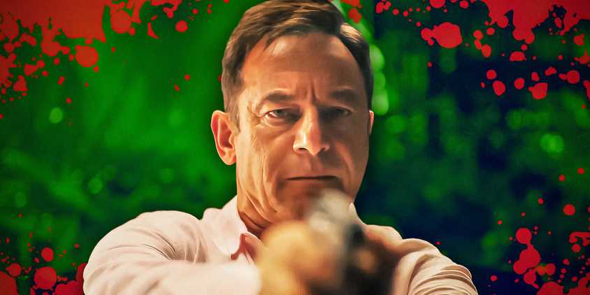 Tim pointing a gun above a green background and blood splats