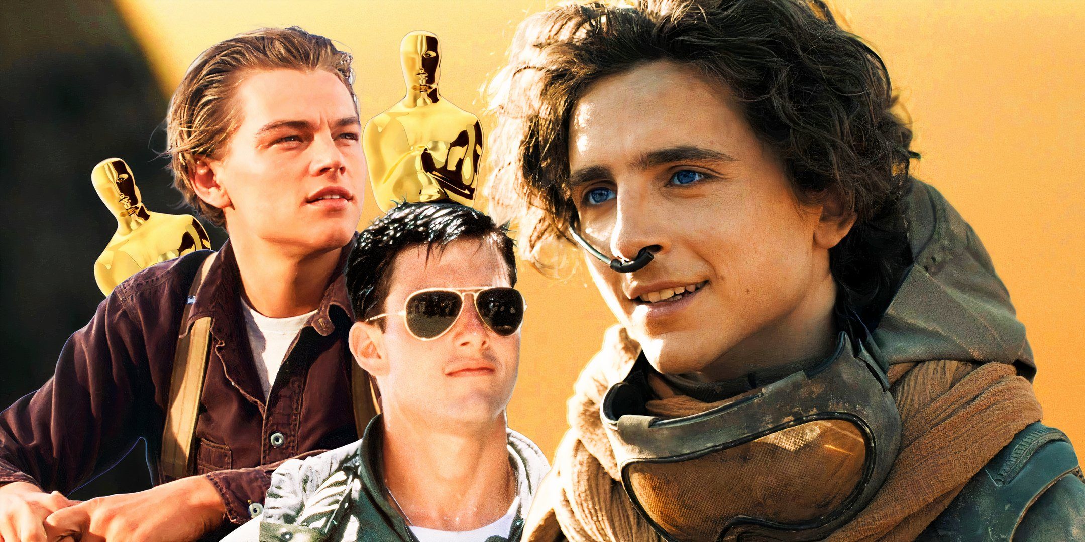 Timothée Chalamet in Dune 2 with Leonardo DiCaprio and Tom Cruise and Oscars next to him