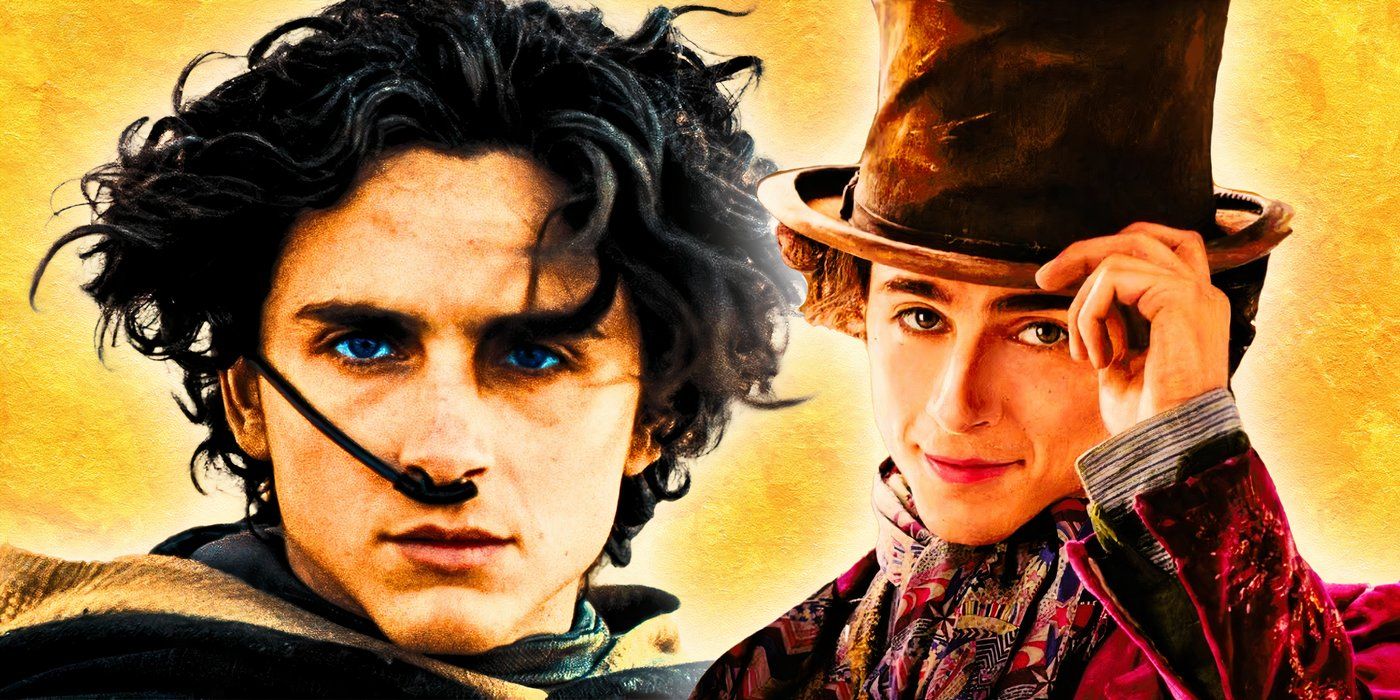 An edited image of Timothee Chalamet in Dune and Wonka with a yellow background.