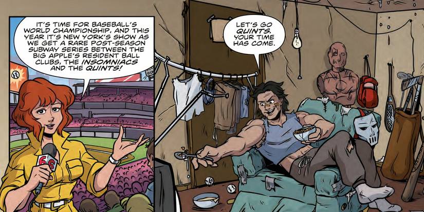 TMNT's Casey Jones watching April O'Neil on TV in his apartment.
