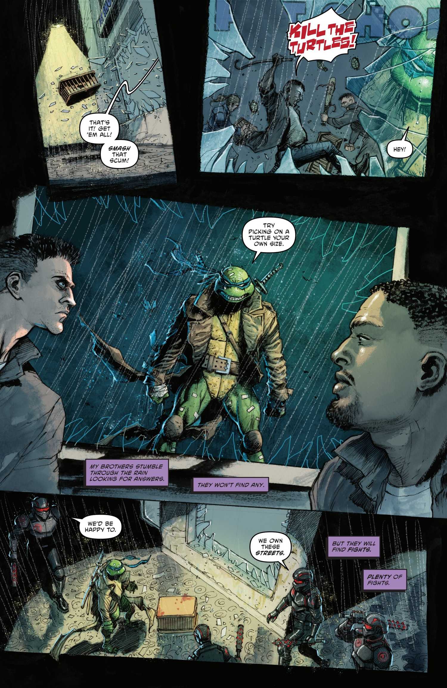 TMNT Leo in a coat stopping looters