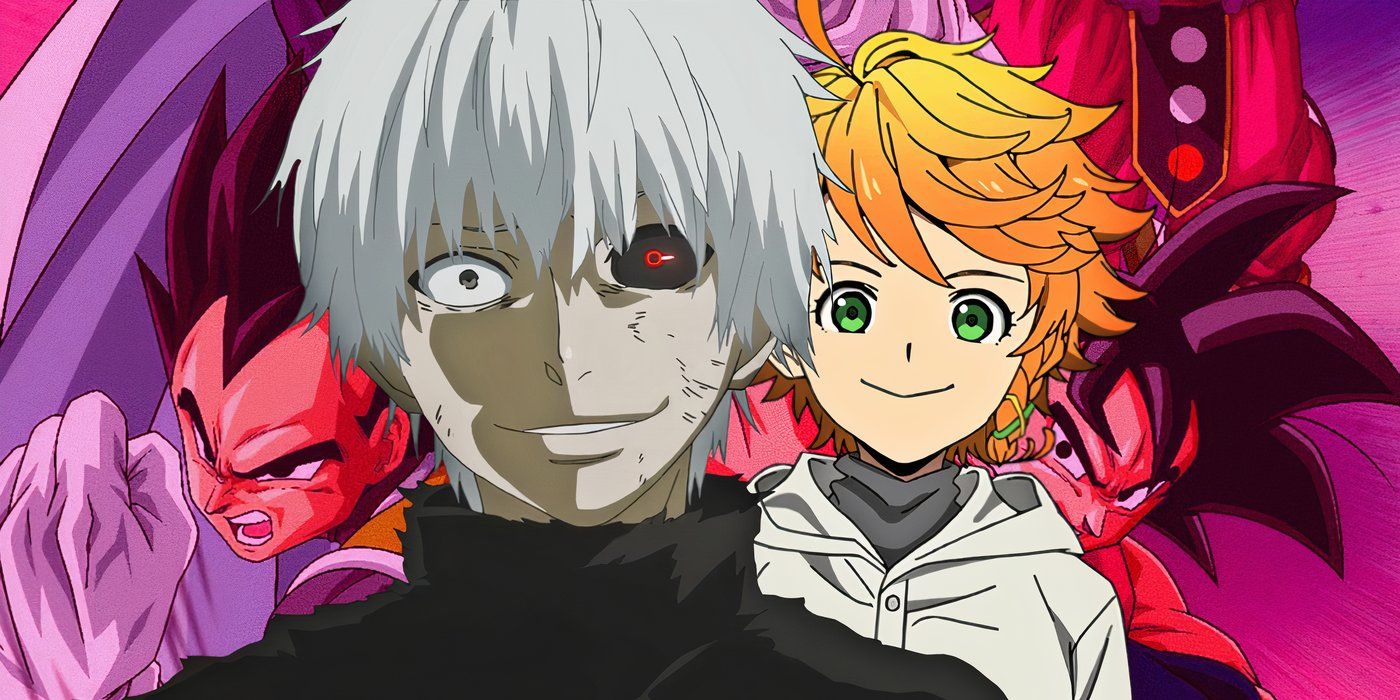 Ken Kaneki from Tokyo Ghoul and Emma from The Promised Neverland in front of a promotional shot for Dragon Ball Super.