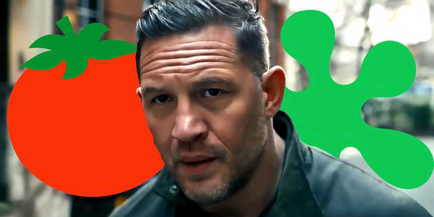 Tom Hardy looking intensely in MobLand with Rotten Tomatoes Fresh and Rotten logos in the background