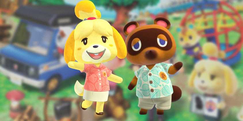 Tom Nook and Isabelle from ACNH on a blurred background from New Leaf