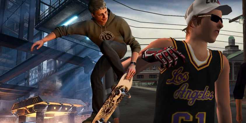 Tony Hawk skating in Pro Skater 3 + 4 over an image from Tony Hawk's Underground