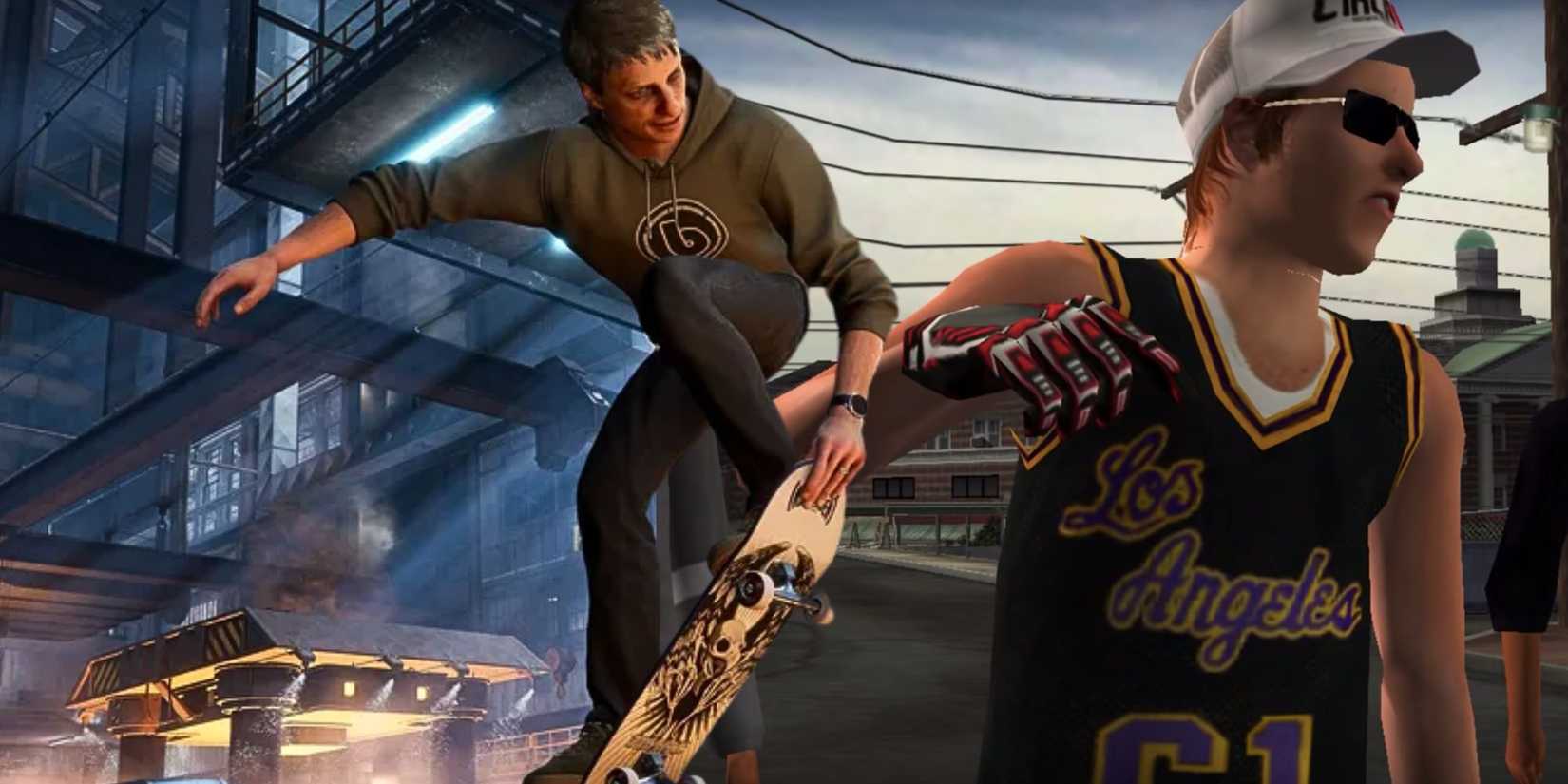 Tony Hawk skating in Pro Skater 3 + 4 over an image from Tony Hawk's Underground