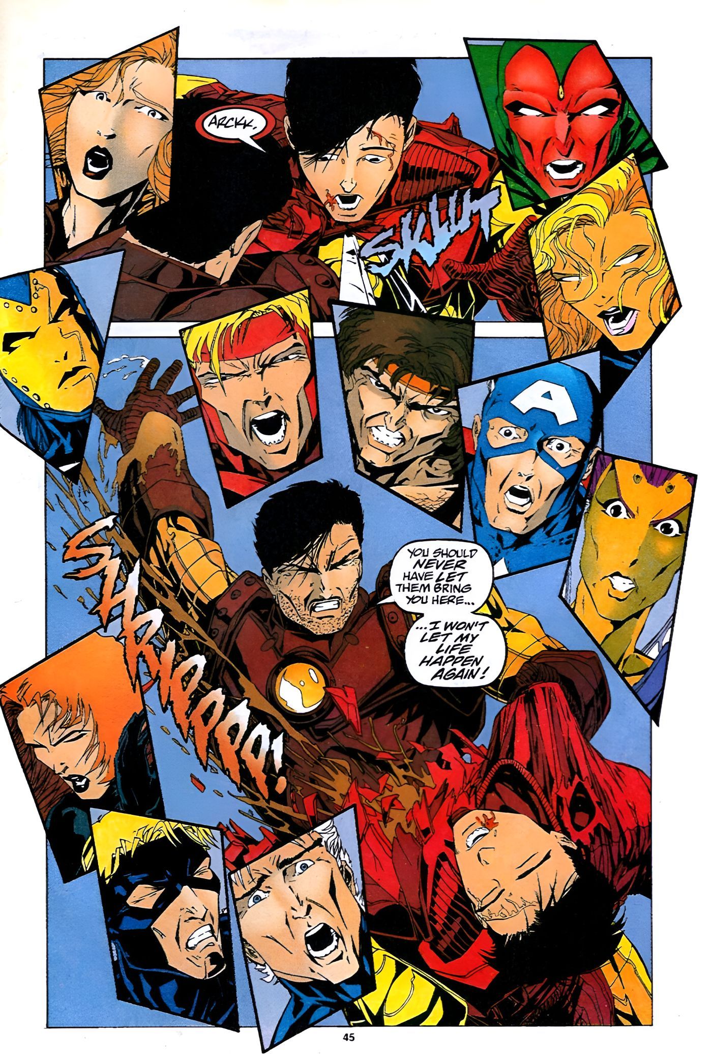 Tony Stark kills his younger self by ripping out his heart.