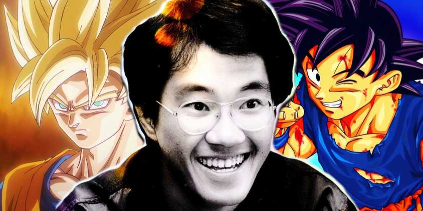 Toriyama in the center smiling with Goku to the right and Super Saiyan Goku to the left