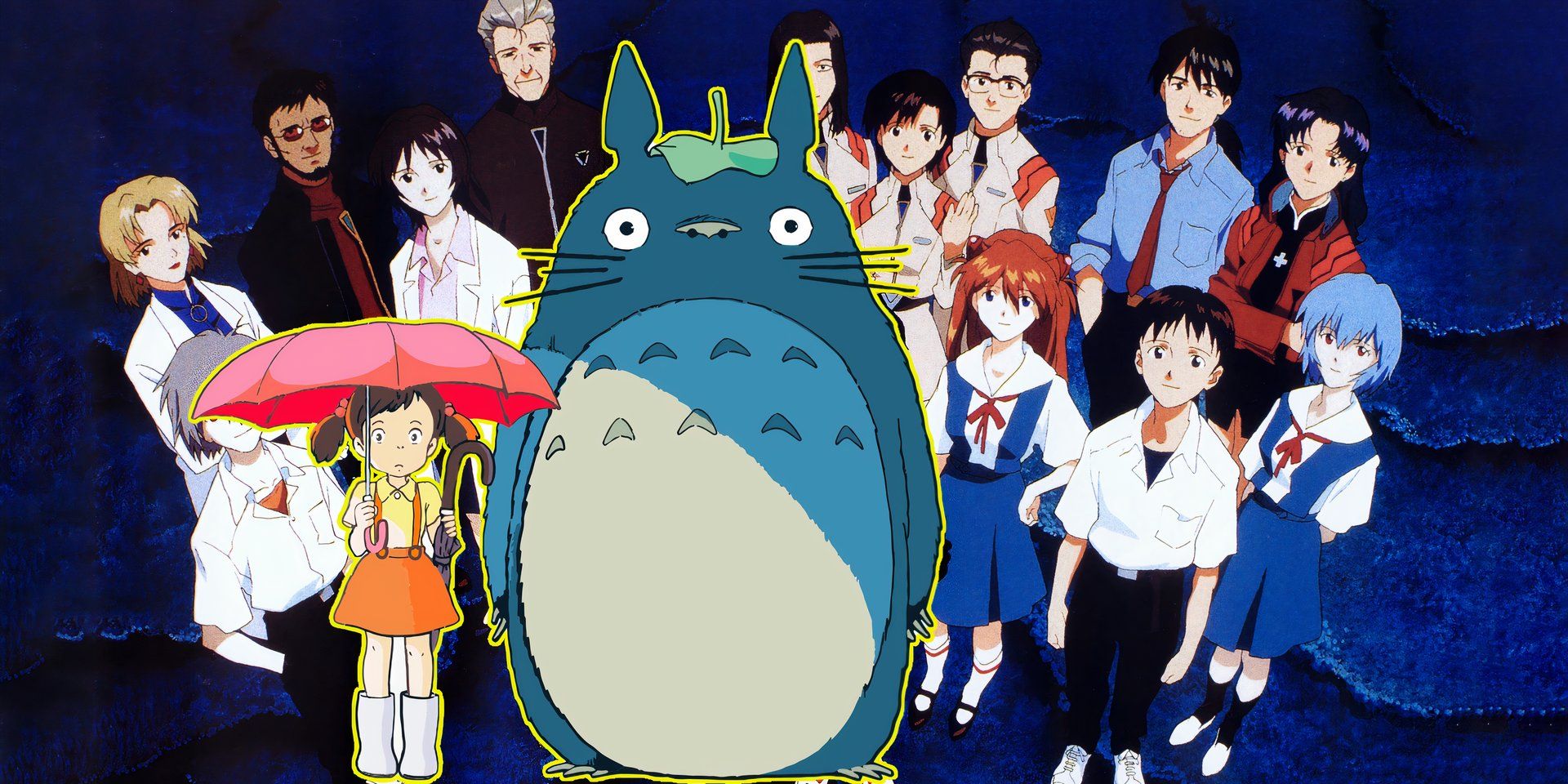 Totoro e uma garota do meu vizinho Totoro em frente ao elenco de Evangelion.