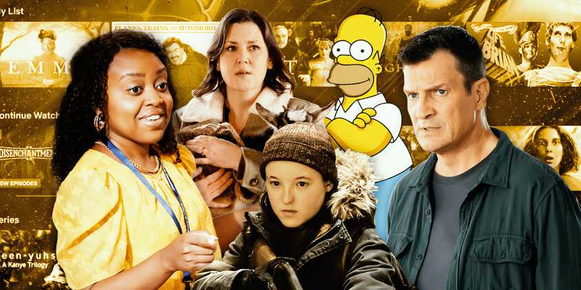 Collage of characters from Abbott Elementary, Yellowjackets, The Last of Us, The Simpsons, and The Rookie