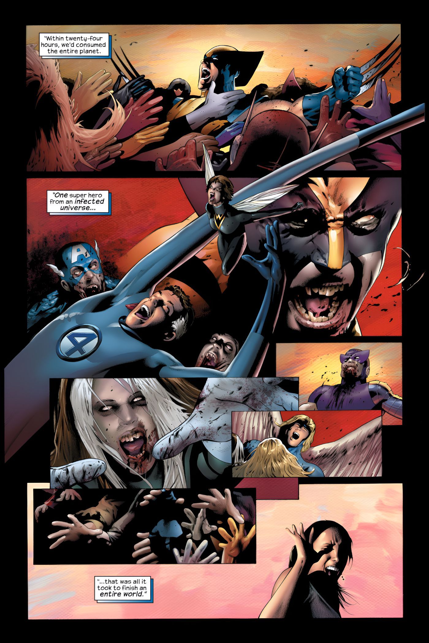 Wolverine is eaten by a horde of zombies.