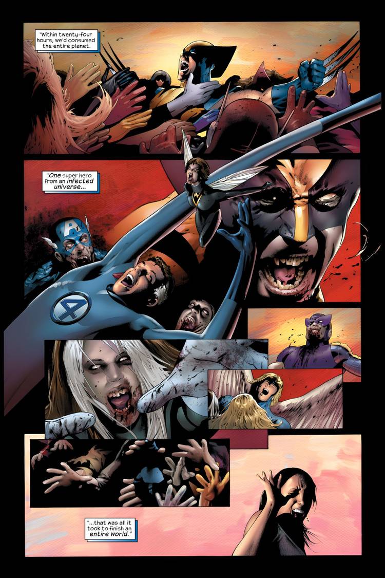 Wolverine is eaten by a horde of zombies.
