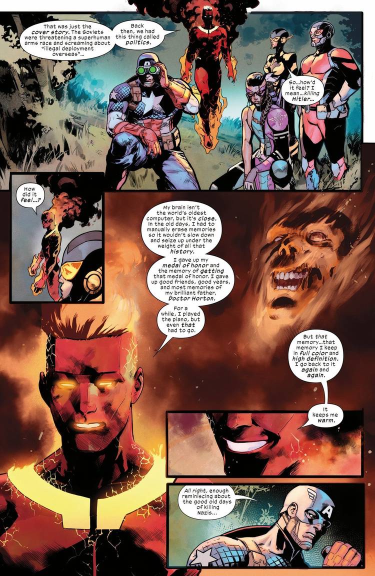 Five panels of the original Human Torch talking to the Ultimates