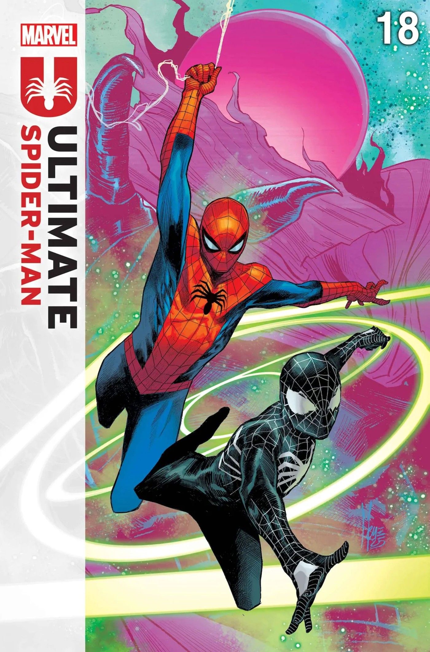 Comic cover art: Peter Parker&rsquo;s Spider-Man and Richard Parker&rsquo;s Spider-Man swing side by side with Mysterio in the background