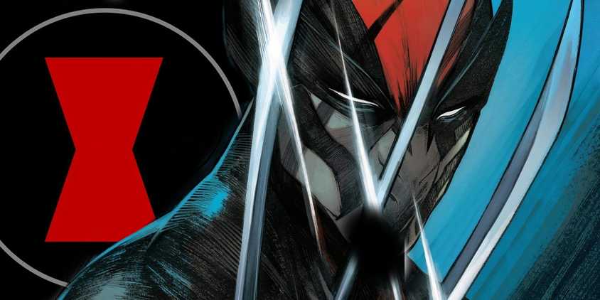Ultimate Wolverine standing against Black Widow's Logo
