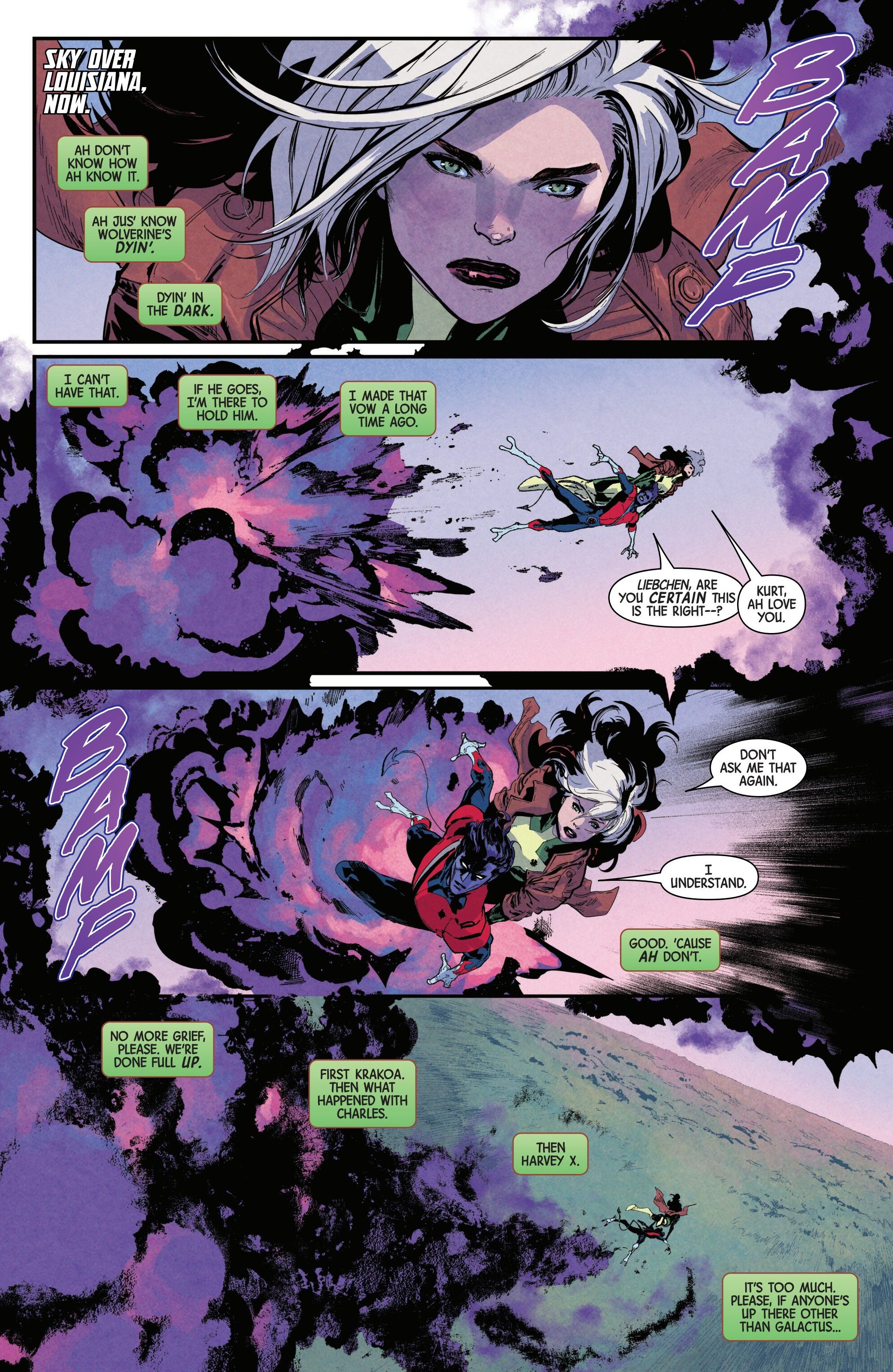 Rogue and Nightcrawler teleport at high speeds in the sky.