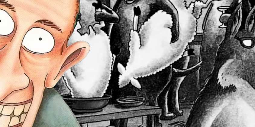 Far Side grinning man (left, foreground) & wolves dipping sheep in bowls at a party (right, background.)