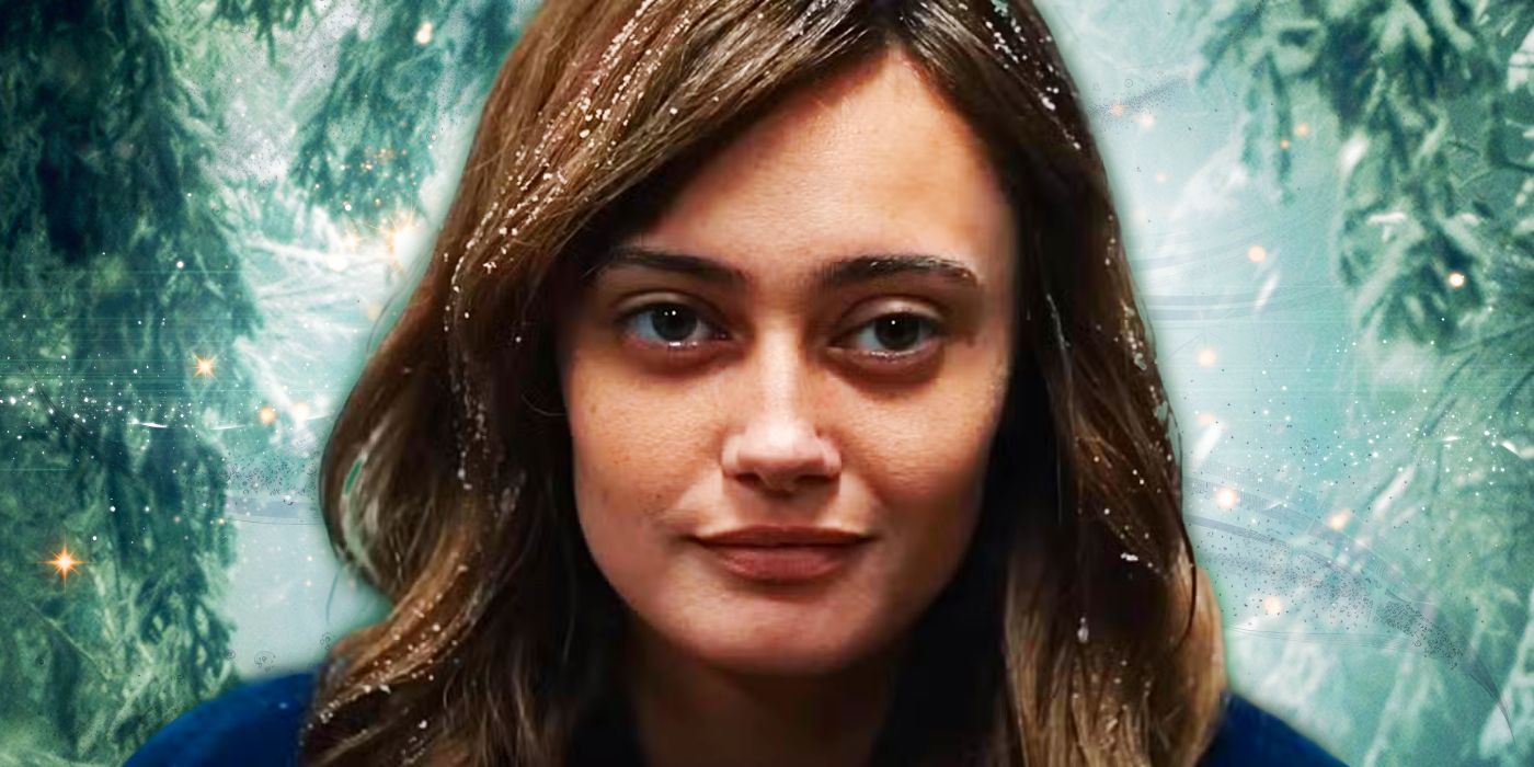 A cutout of Ella Purnell as Jackie Taylor in Yellowjackets season 3 against a closeup of a turquoise Yelowjackets poster with sparkle overlays.