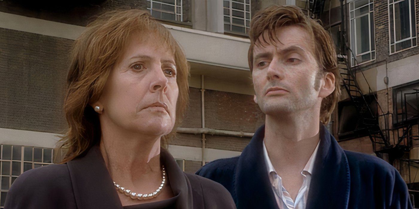 The Tenth Doctor staring at a sombre Harriet Jones in Doctor Who's "The Christmas Invasion."