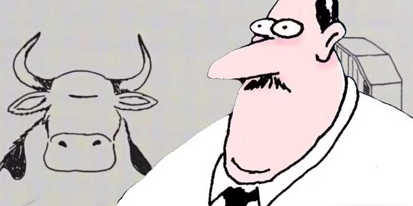 Far Side man looking concerned (foreground, color) with a cow & barn in the background.