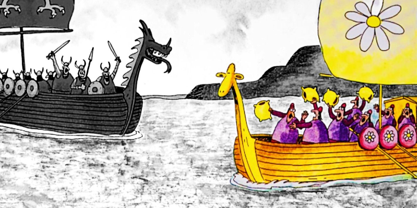 A Viking ship in black &amp; white approaches a yellow ship with men in purple shirts waving yellow pillows.