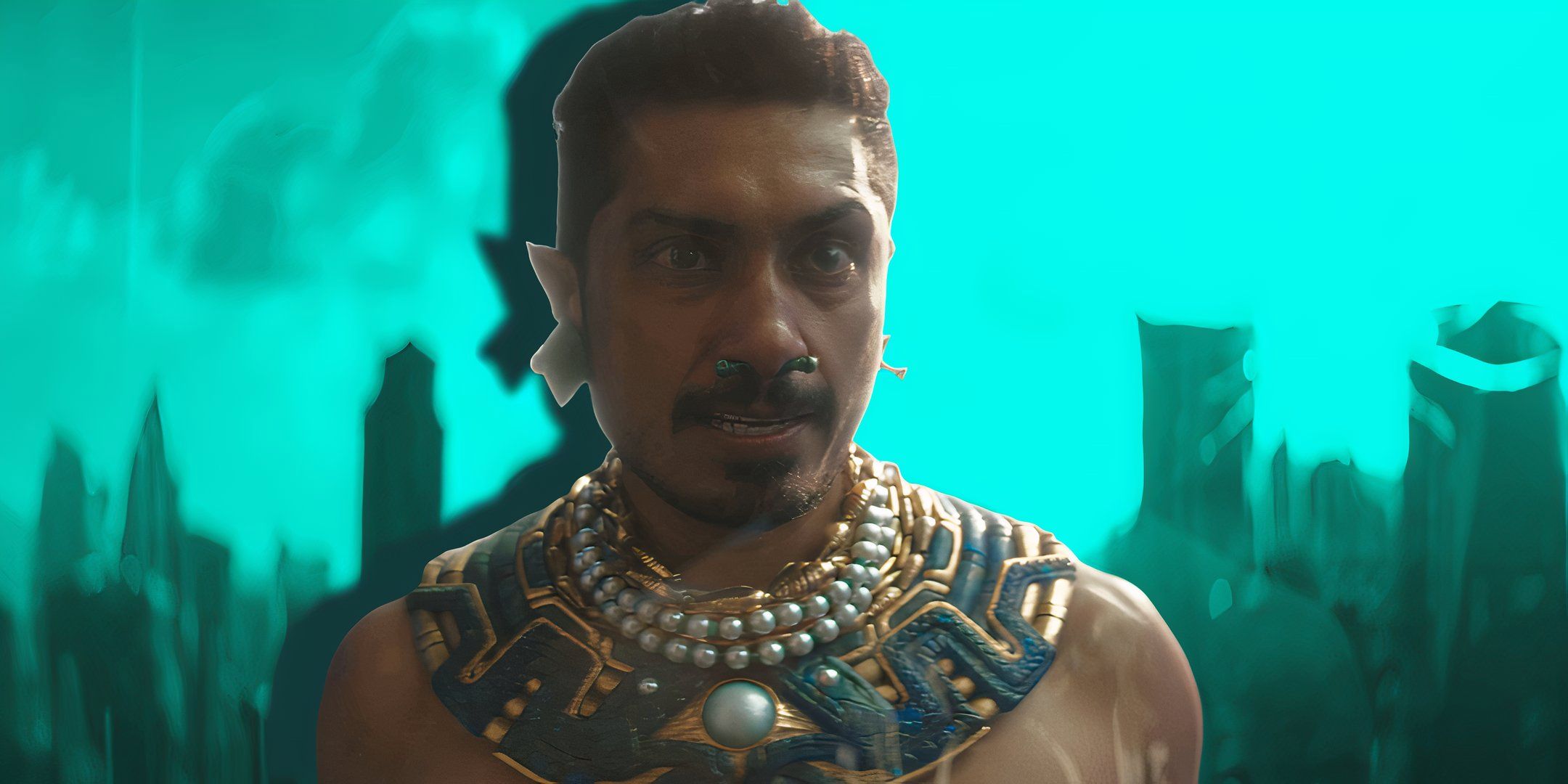 Custom image of Namor looking crazed on a cyan background in Black Panther Wakanda Forever
