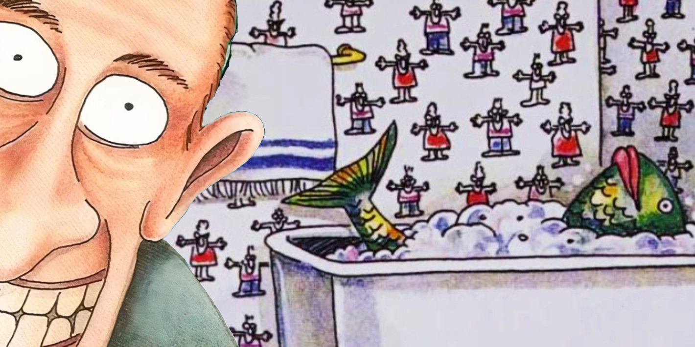 Far Side wide-eyed man (foreground) and a fish in a bubble bath (background)