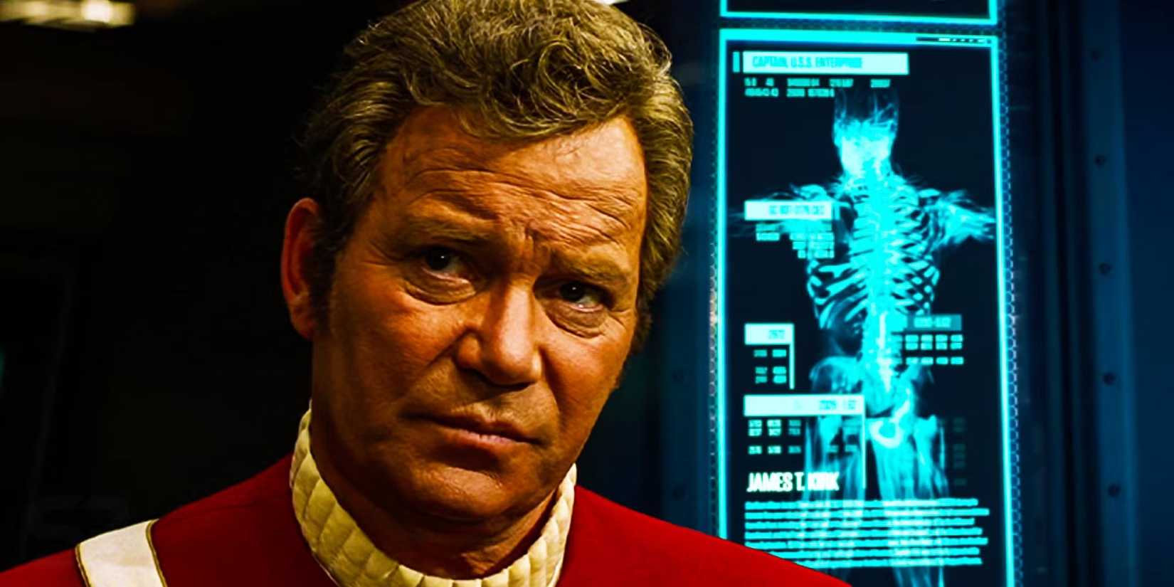 William Shatner as Kirk with a scan of his remains from Star Trek: Picard in the background