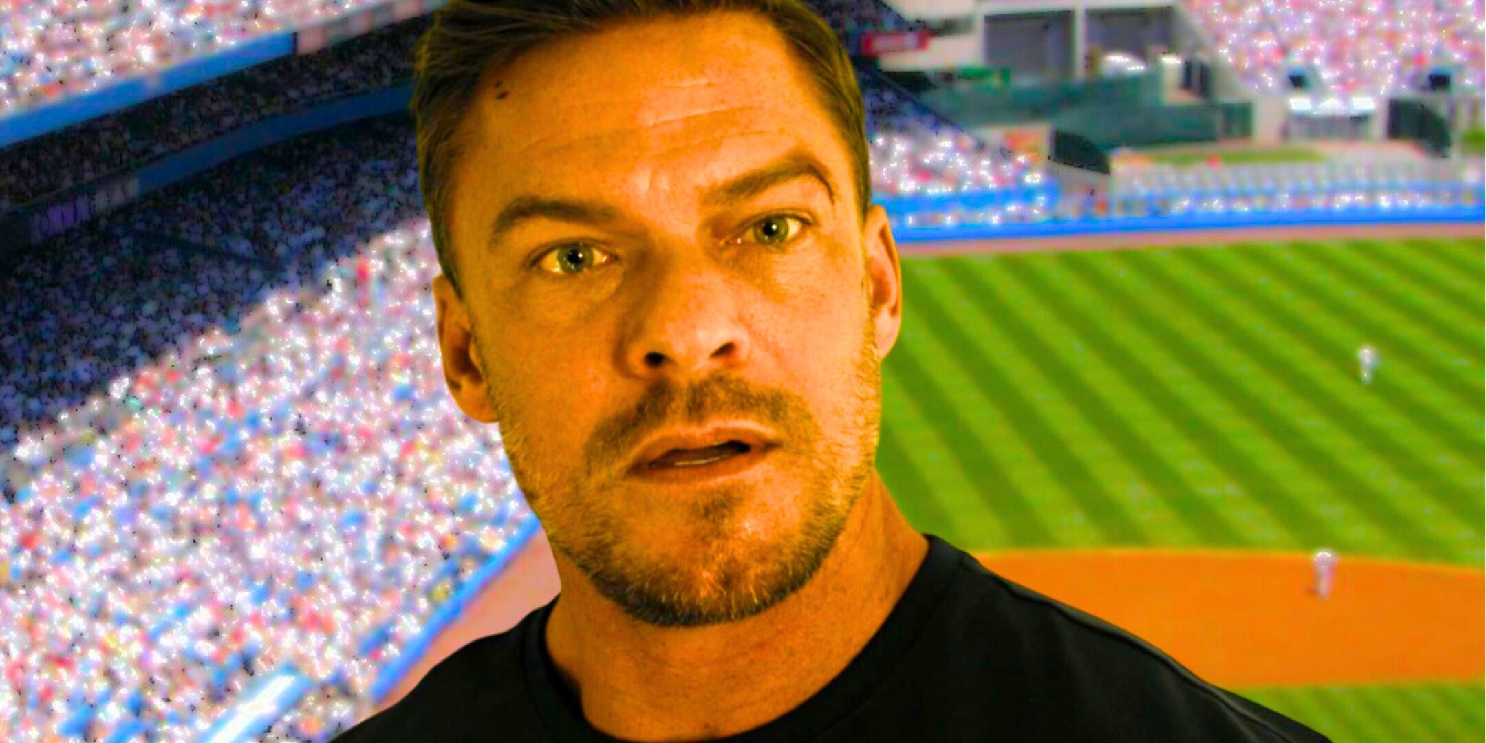Custom Reacher image of Alan Ritchson looking surprised as Jack Reacher with a baseball field in the background