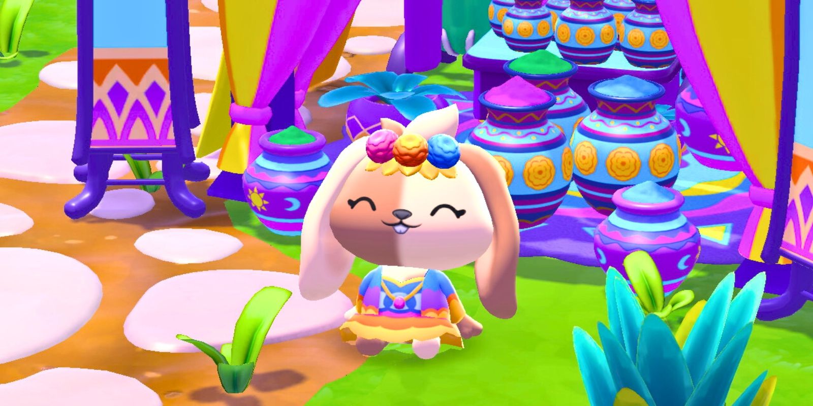 Player wearing Colorblaze Carnival clothes and sitting in front of the event stand in Hello Kitty Island Adventure