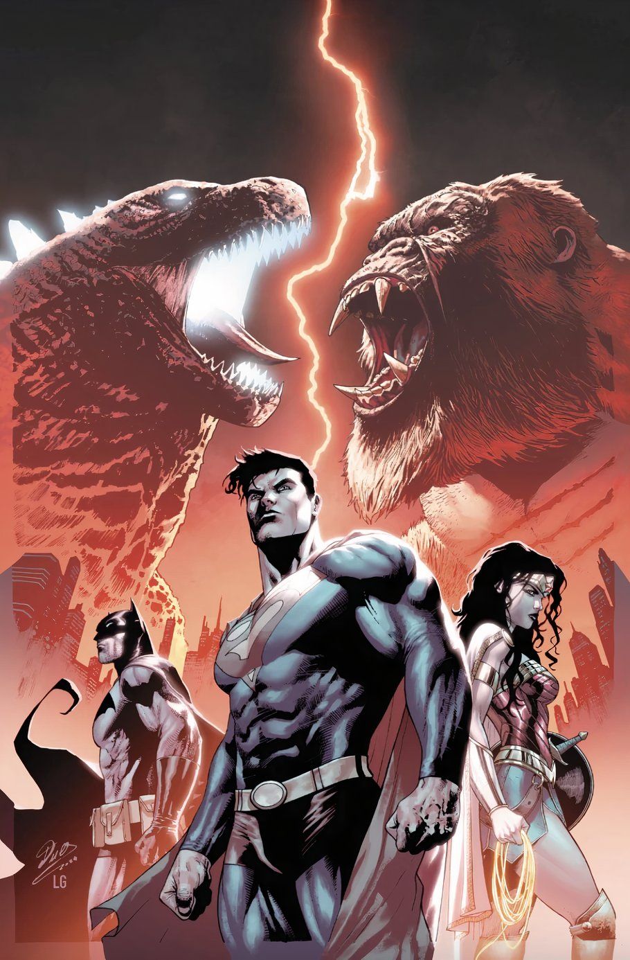 Liga da Justiça vs Godzilla vs Kong Sequel Capa com JL em pé no centro e Godzilla e Kong atrás deles