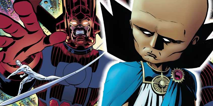 Composite image of Galactus, Silver Surfer and the Watcher