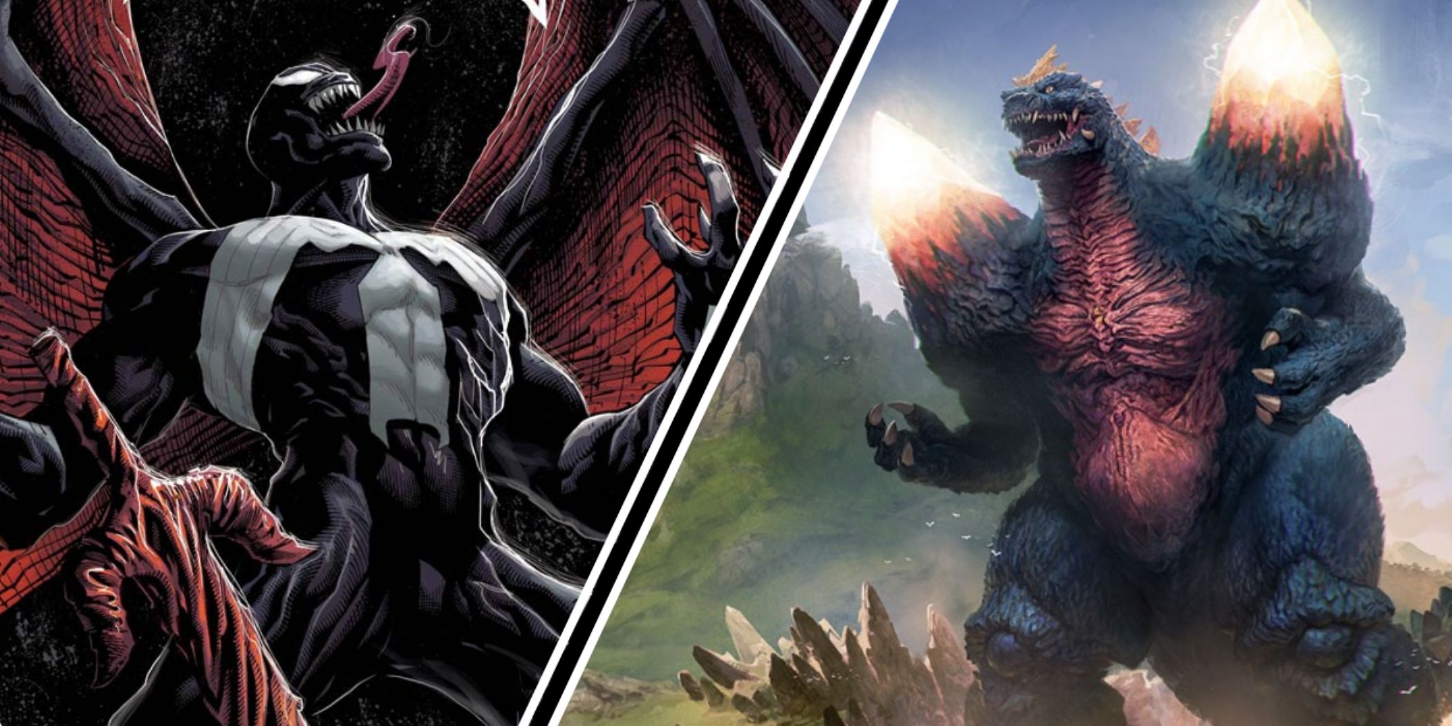 Venom and SpaceGodzilla, divided in the middle of the image.