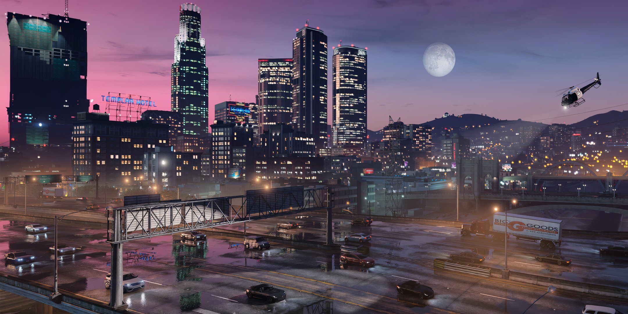 View of the city buildings and cars driving by in GTA V Enhanced.