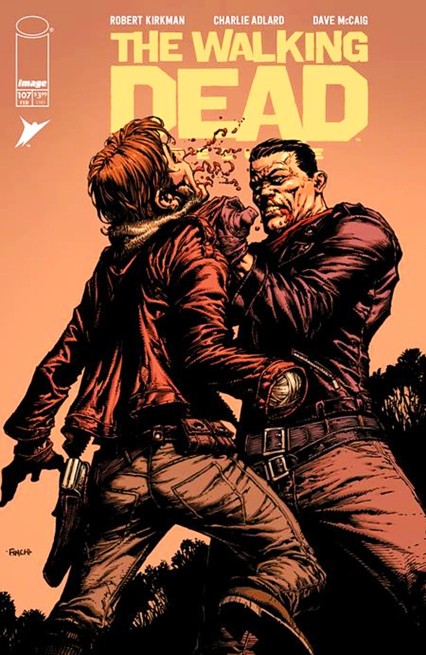 Walking Dead Deluxe #107 cover, Negan lifting a bloody Rick Grimes up by his shirt collar