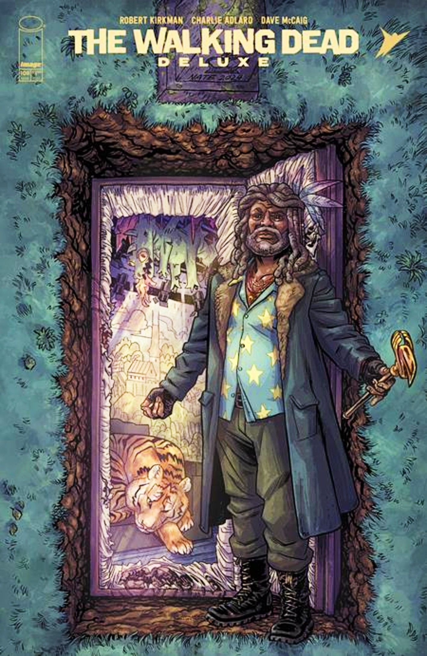 Walking Dead Deluxe #108 cover, Ezekial opening a door with Shiva waiting inside