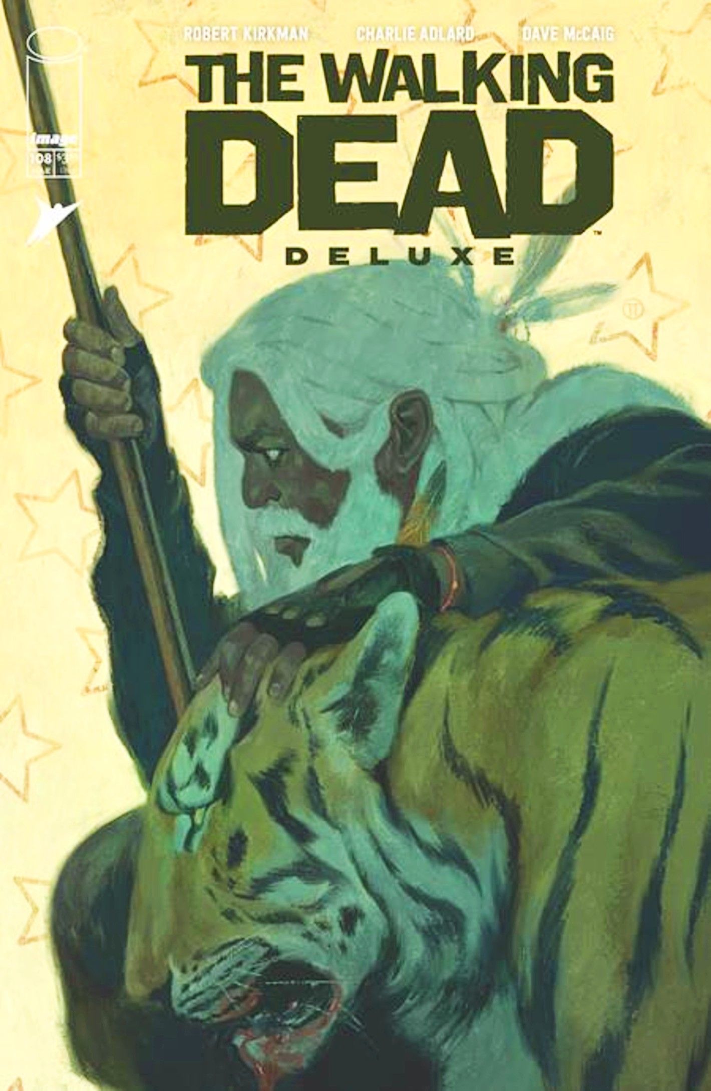 Walking Dead Deluxe #108 cover, Ezekial petting his pet tiger Shiva, who has a bloody mouth