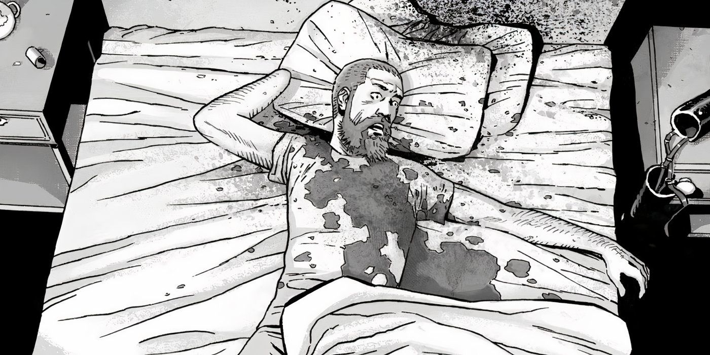 Rick Grimes lying dead in his bed in The Walking Dead.