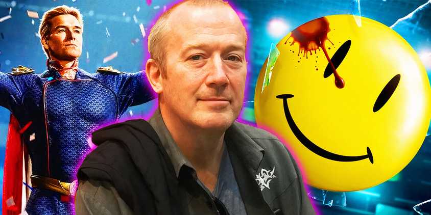 Garth Ennis between Homelander and the Watchmen Smiley Face