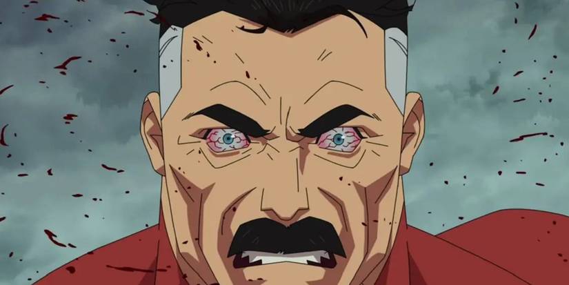 Omni-Man looking crazed, his eyes bloodshot, and blood flying around him in Invincible